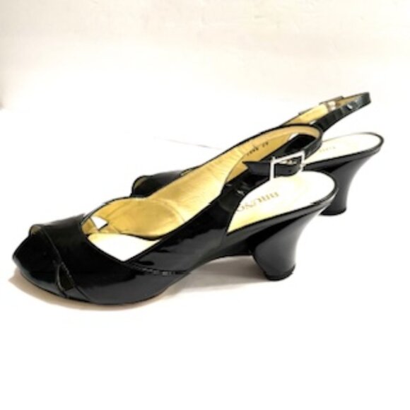 Bruno Magli Black Patent Leather Open Toe Slingback Wedge Sandals Sz 36 - Picture 4 of 7